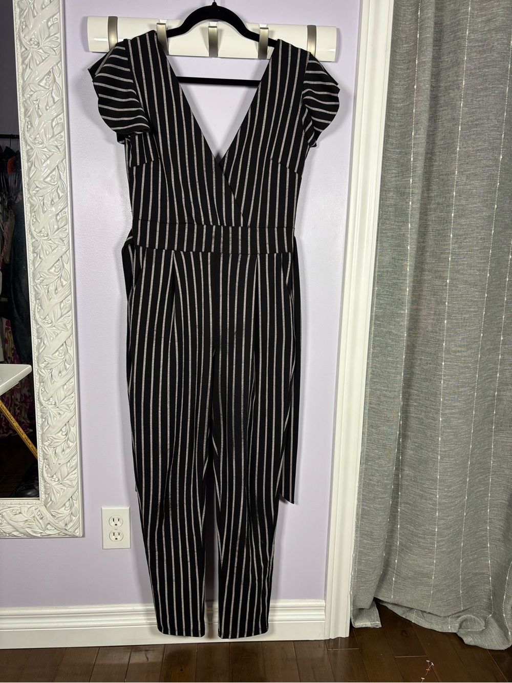 Italian made Pink Lady Black Pinstriped V-Neck Ruffled Cap Sleeve Jumpsuit L